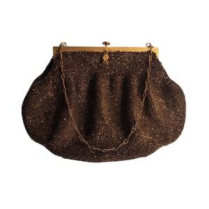 Vintage 30s 40s Purse Micro Glass Beaded Clutch Bronze Brown Colored Deco